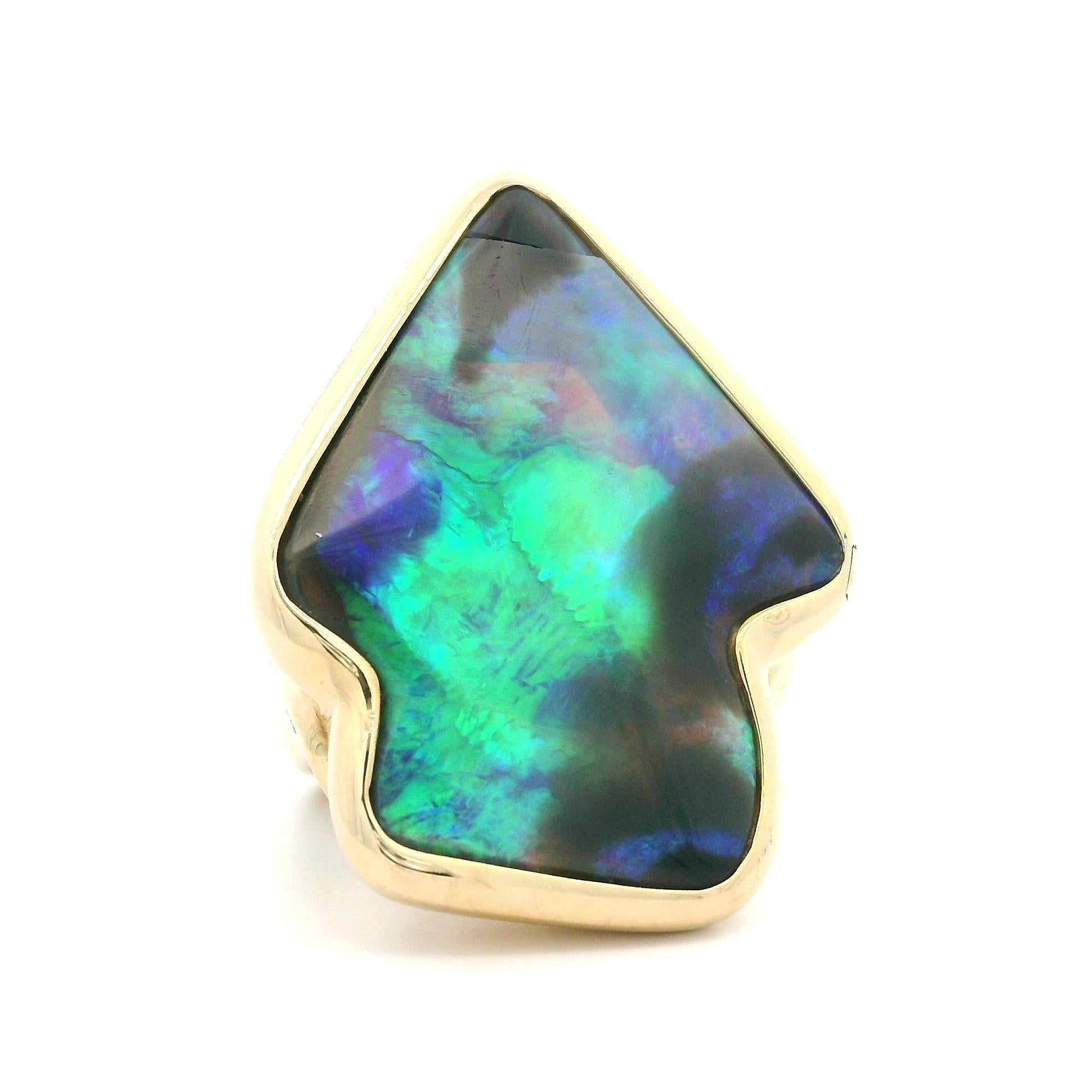 14k Gelbgold Pfeilkopf Lünette Schwarzer Opal Wurzelholz Diamant Akzente Großer Ring im Angebot 5