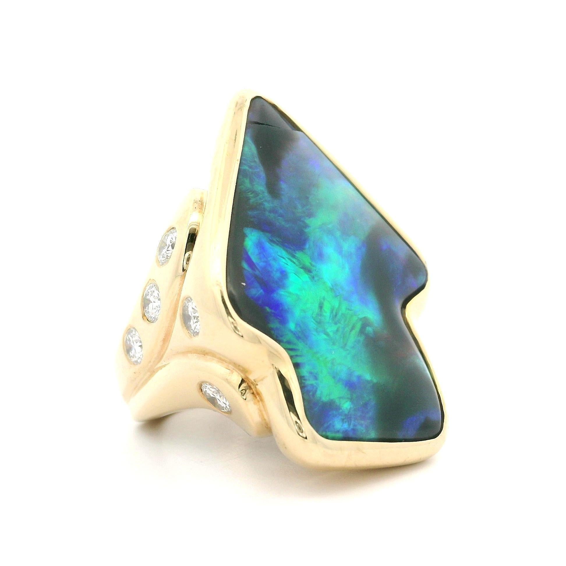 14k Gelbgold Pfeilkopf Lünette Schwarzer Opal Wurzelholz Diamant Akzente Großer Ring im Angebot 6