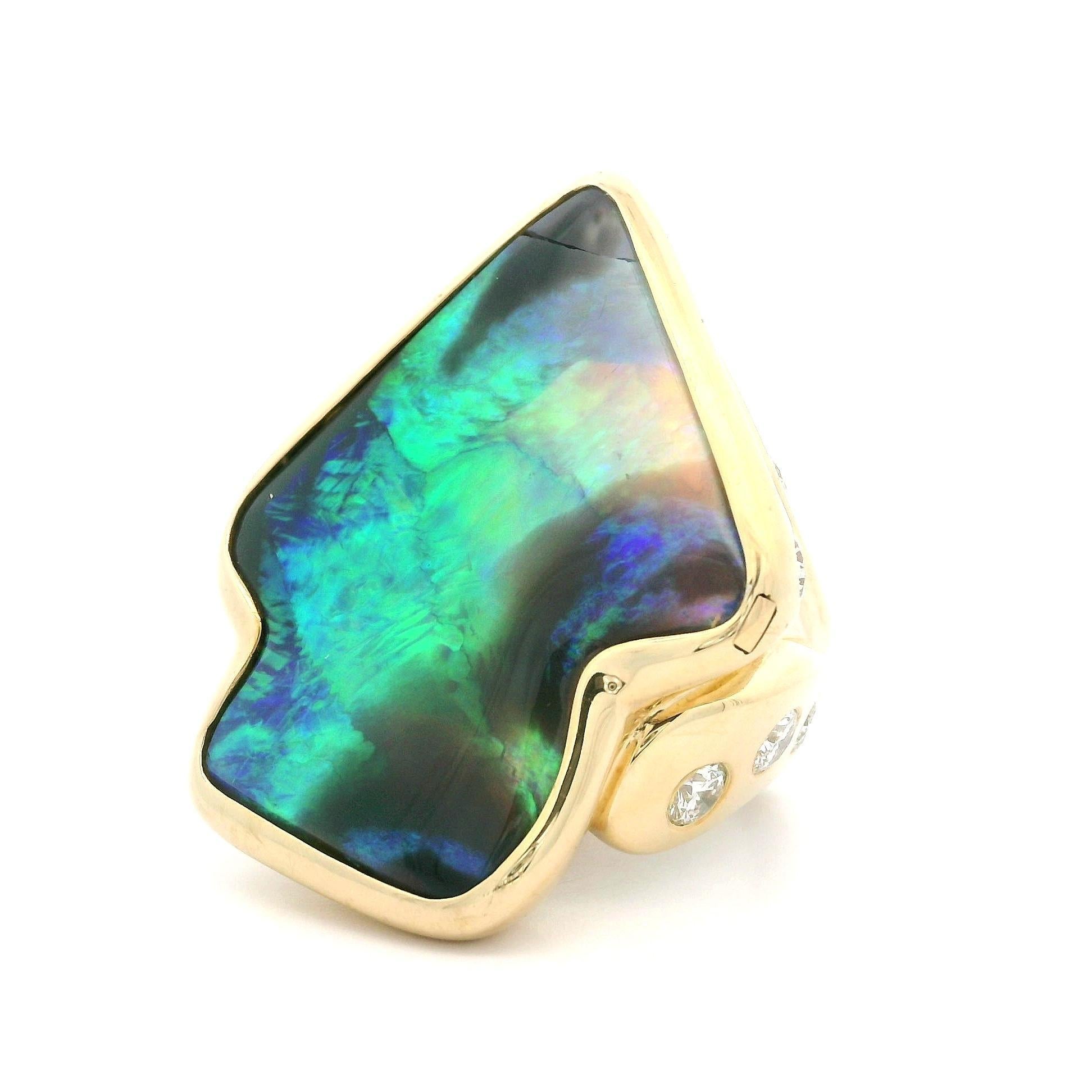 14k Gelbgold Pfeilkopf Lünette Schwarzer Opal Wurzelholz Diamant Akzente Großer Ring im Angebot 7