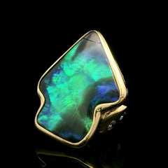 14k Yellow Gold Arrowhead Bezel Black Opal Burnish Diamond Accents Large Ring