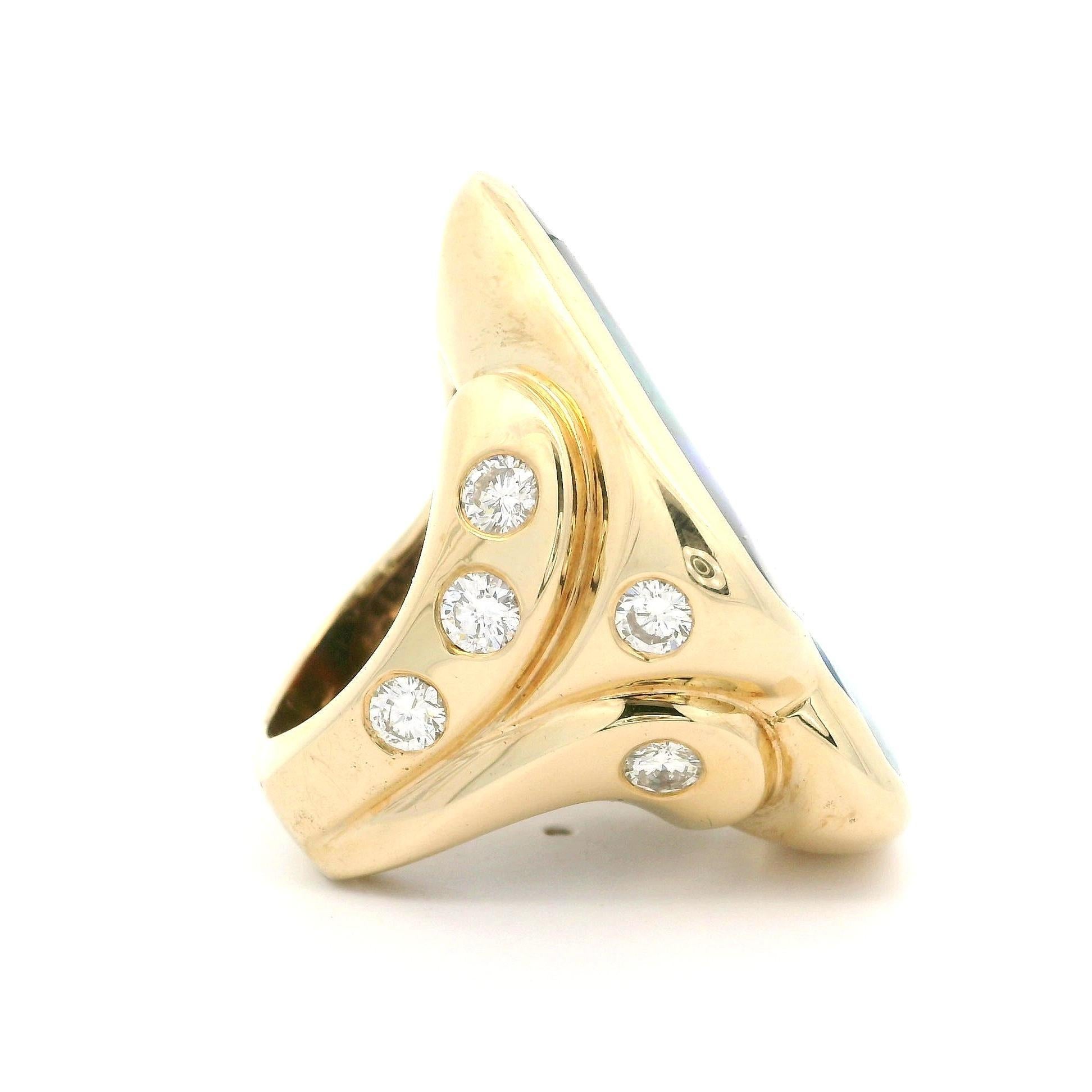 14k Gelbgold Pfeilkopf Lünette Schwarzer Opal Wurzelholz Diamant Akzente Großer Ring im Angebot 1