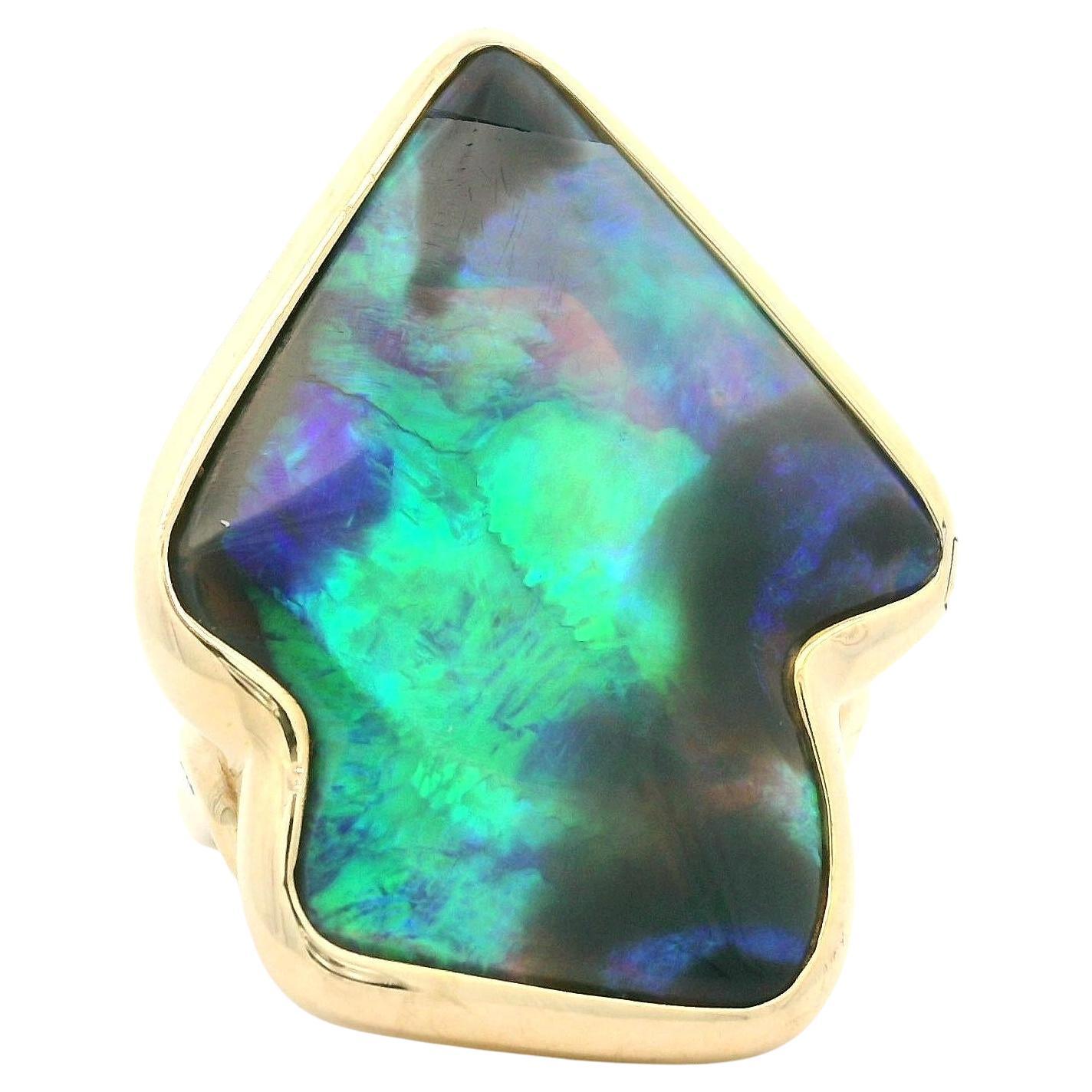 14k Yellow Gold Arrowhead Bezel Black Opal Burnish Diamond Accents Large Ring
