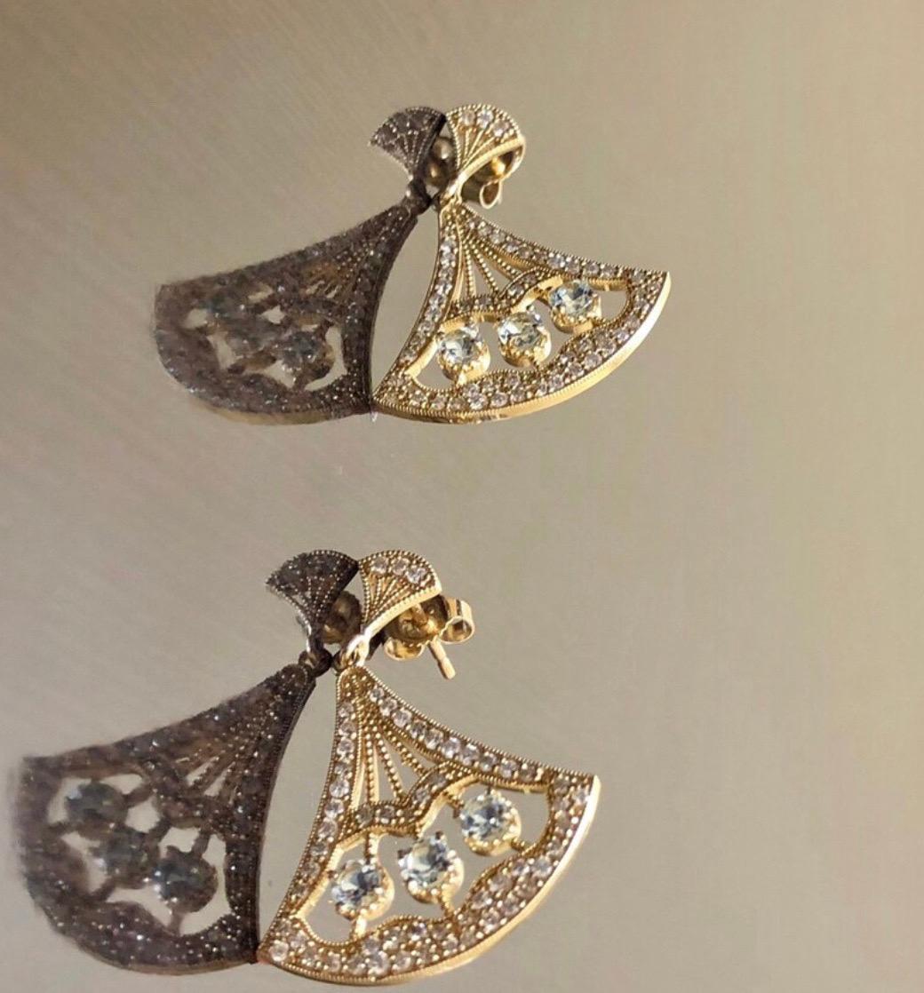 Round Cut 14K Yellow Gold Art Deco Aquamarine Diamond Drop Earrings For Sale