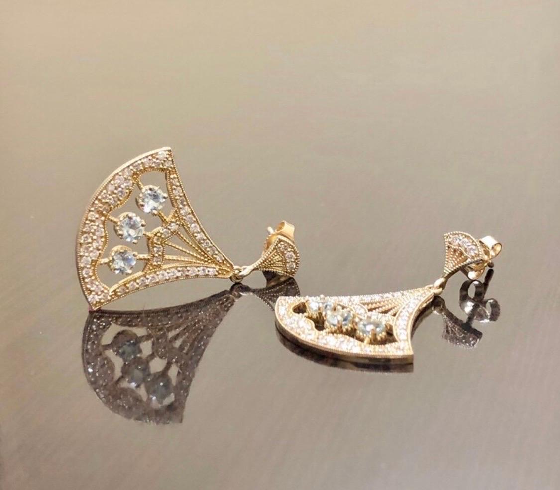 Women's 14K Yellow Gold Art Deco Aquamarine Diamond Drop Earrings For Sale