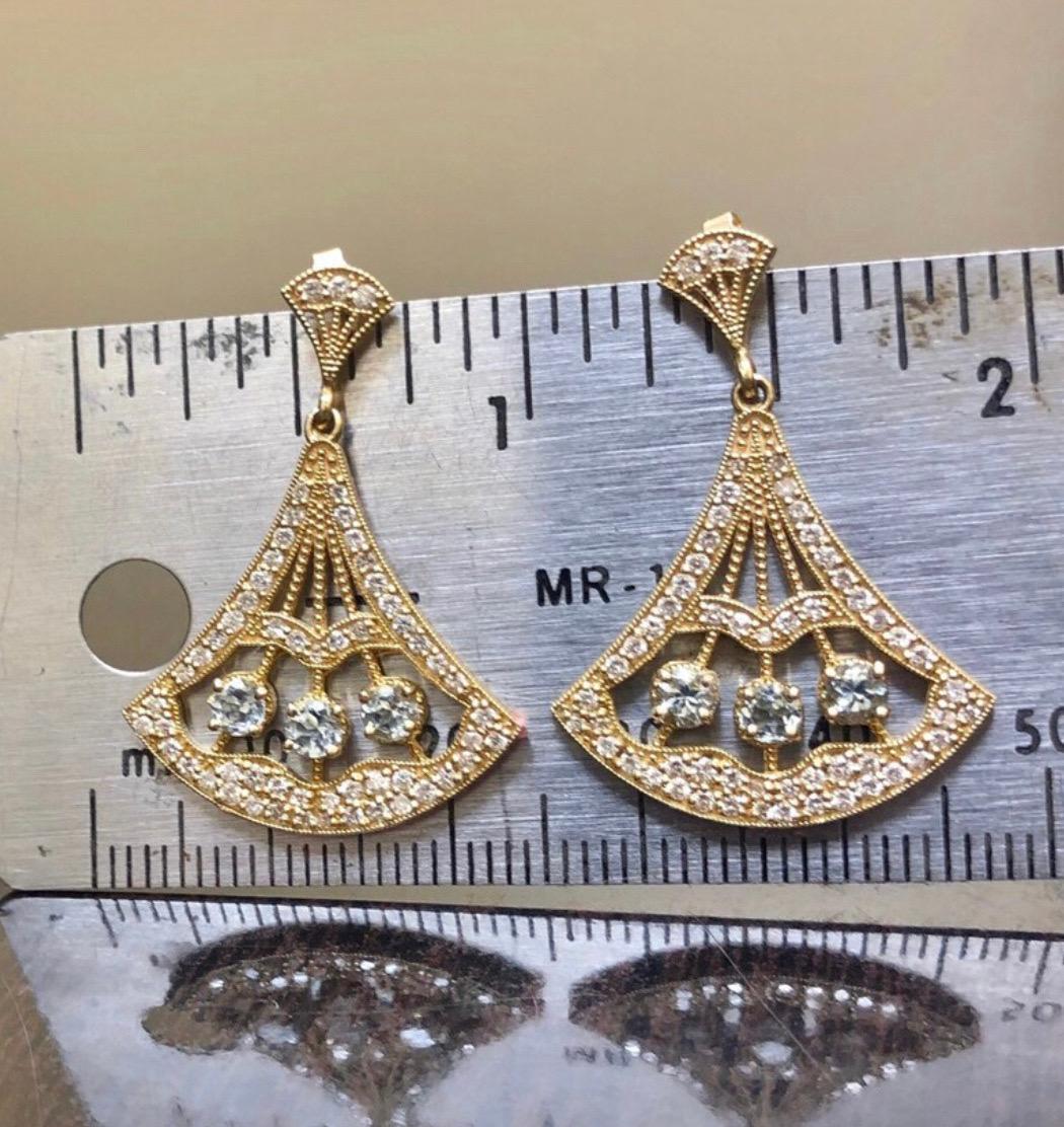 14K Yellow Gold Art Deco Aquamarine Diamond Drop Earrings For Sale 1