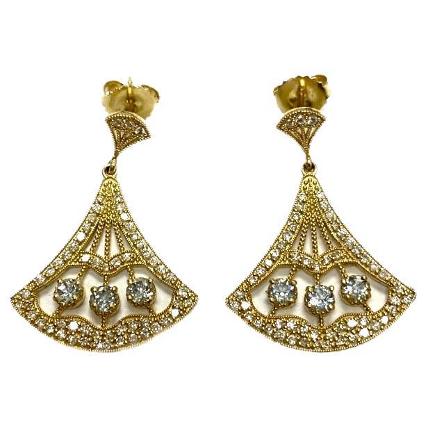 14K Yellow Gold Art Deco Aquamarine Diamond Drop Earrings For Sale