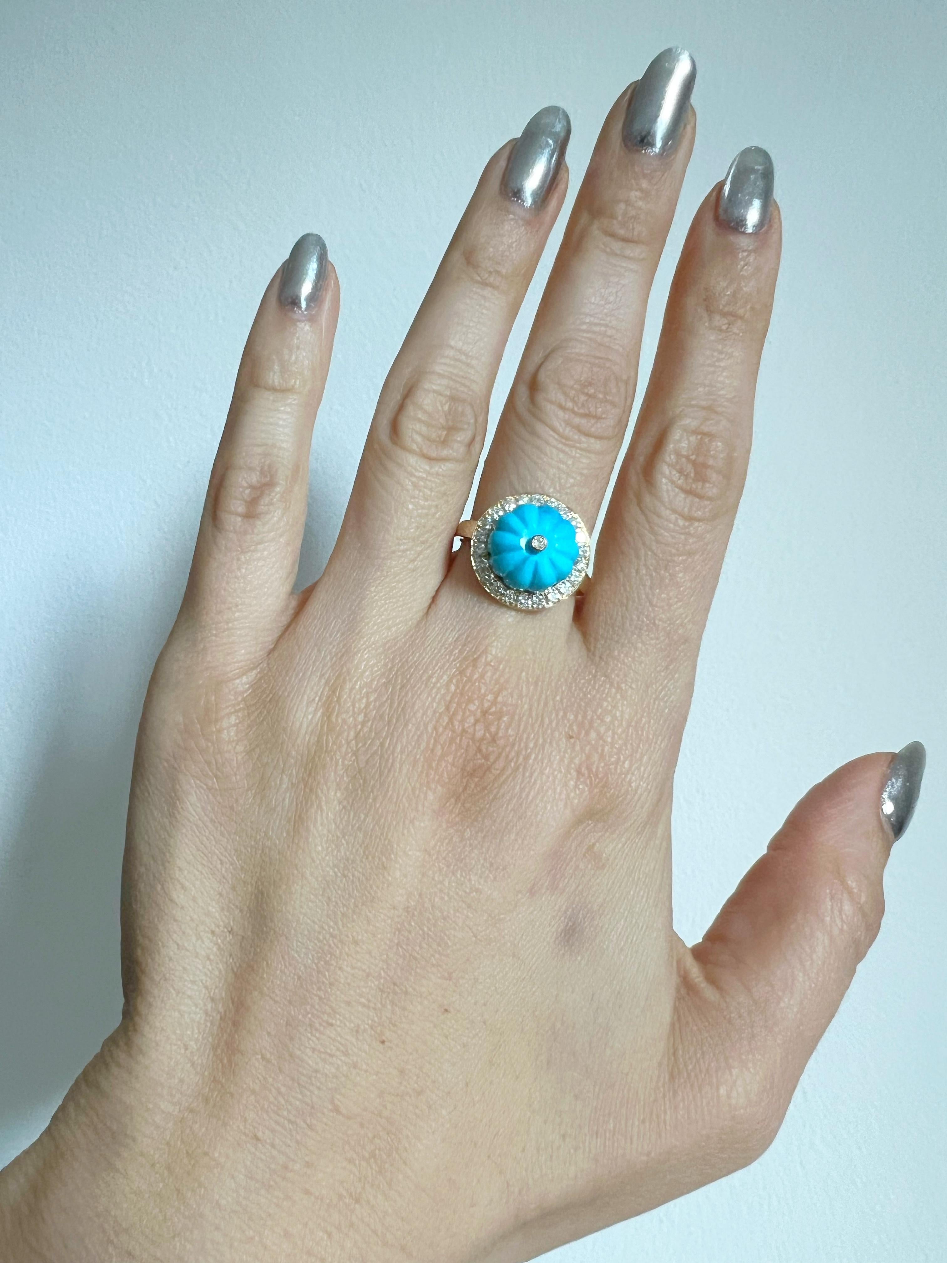 14K Yellow Gold Art Deco Cocktail Diamond & Hand Carved Centered Turquoise Ring  In New Condition For Sale In Los Angeles, CA