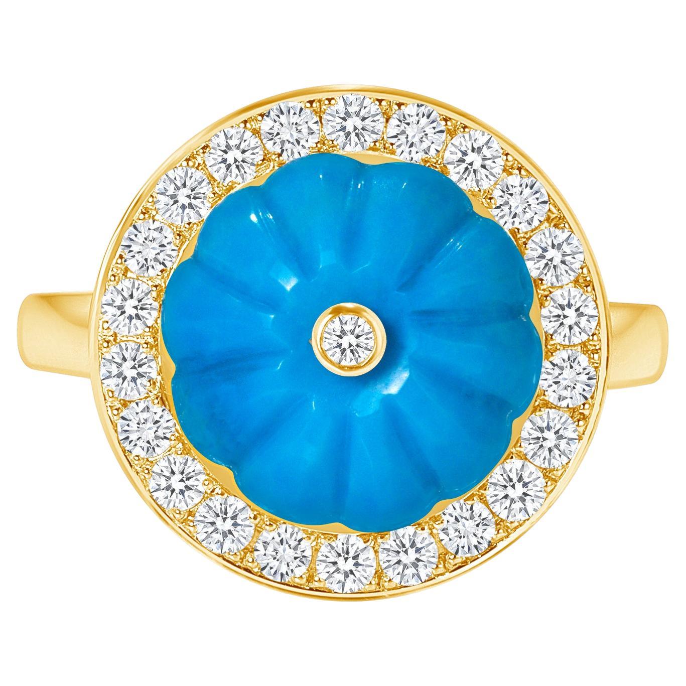 14K Yellow Gold Art Deco Cocktail Diamond & Hand Carved Centered Turquoise Ring 