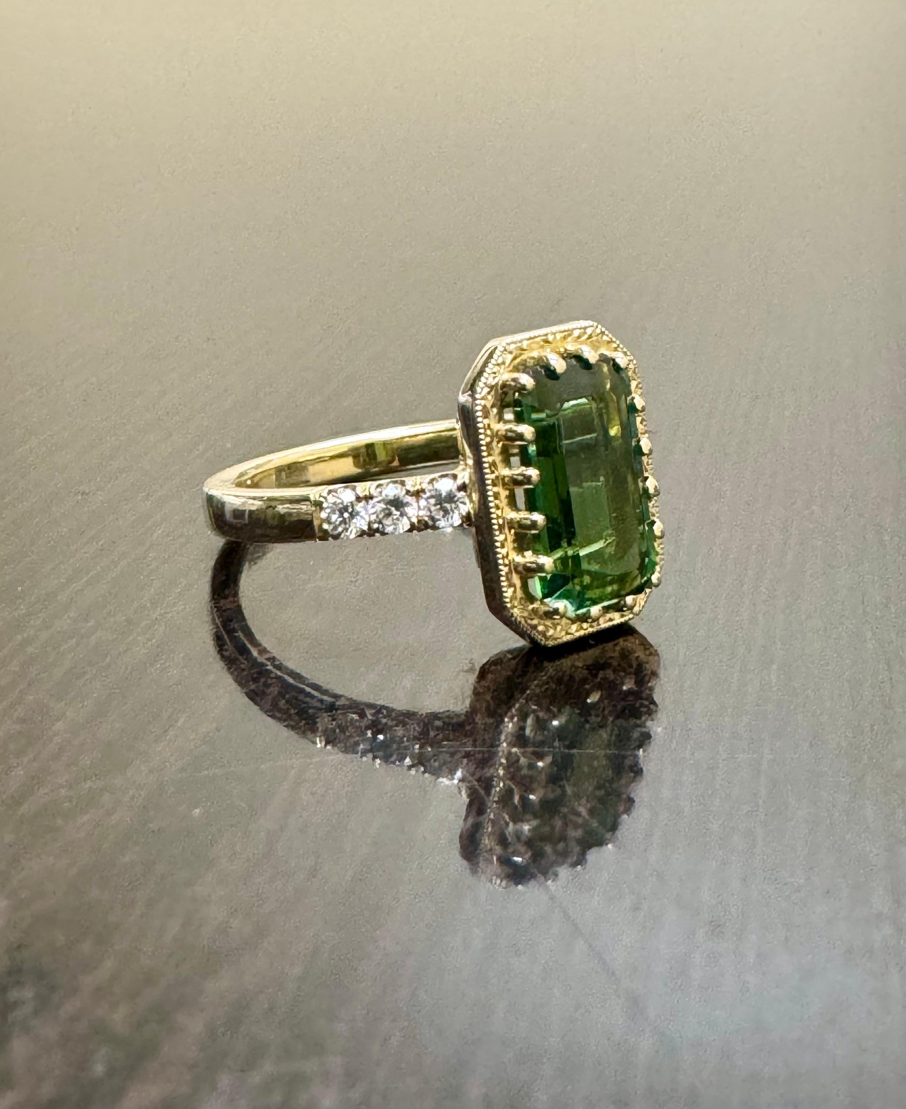 Women's 14K Yellow Gold Art Deco Engraved 2.44 Emerald Cut Blue Green Tourmaline Ring For Sale