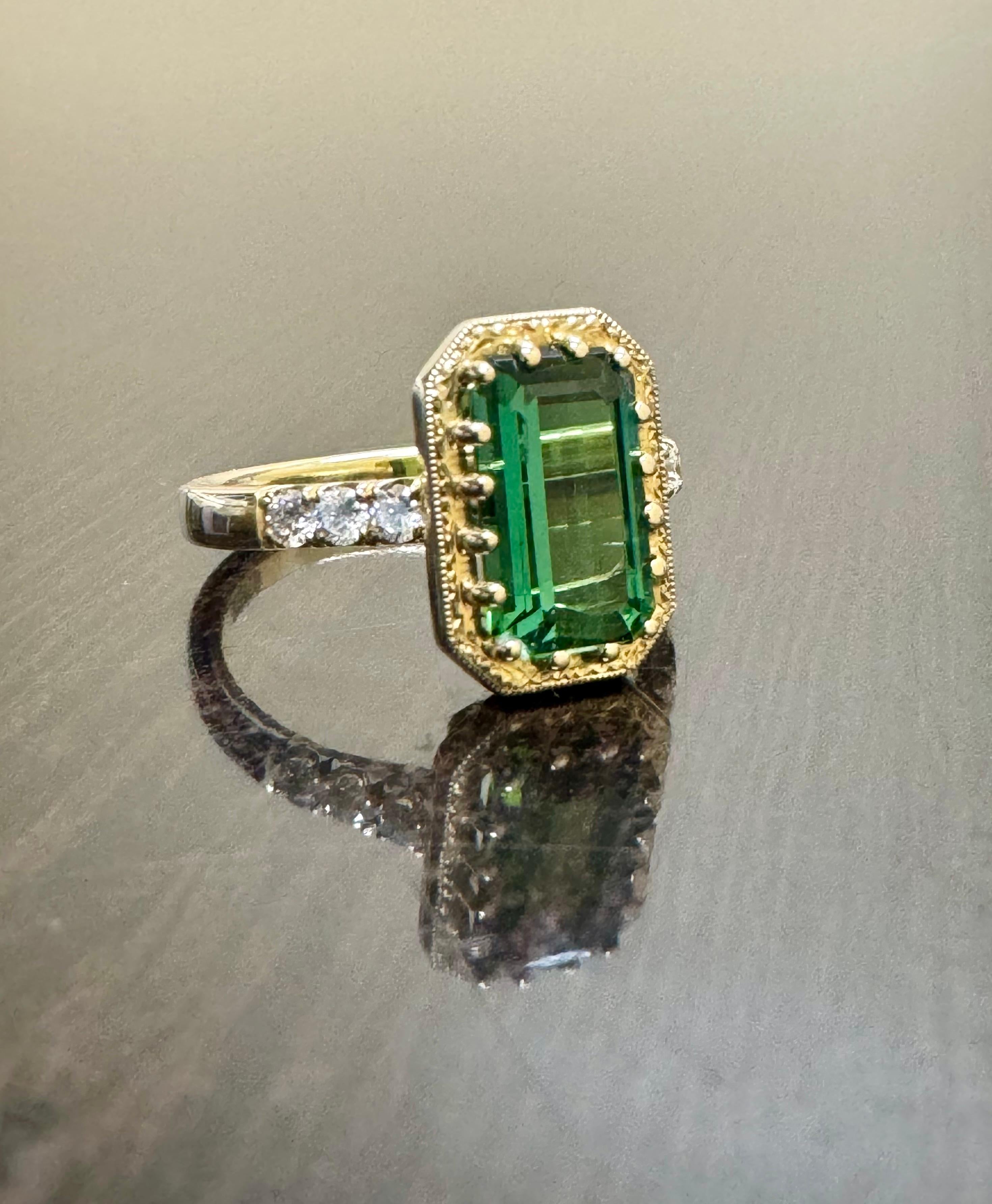 14K Yellow Gold Art Deco Engraved 2.44 Emerald Cut Blue Green Tourmaline Ring For Sale 1