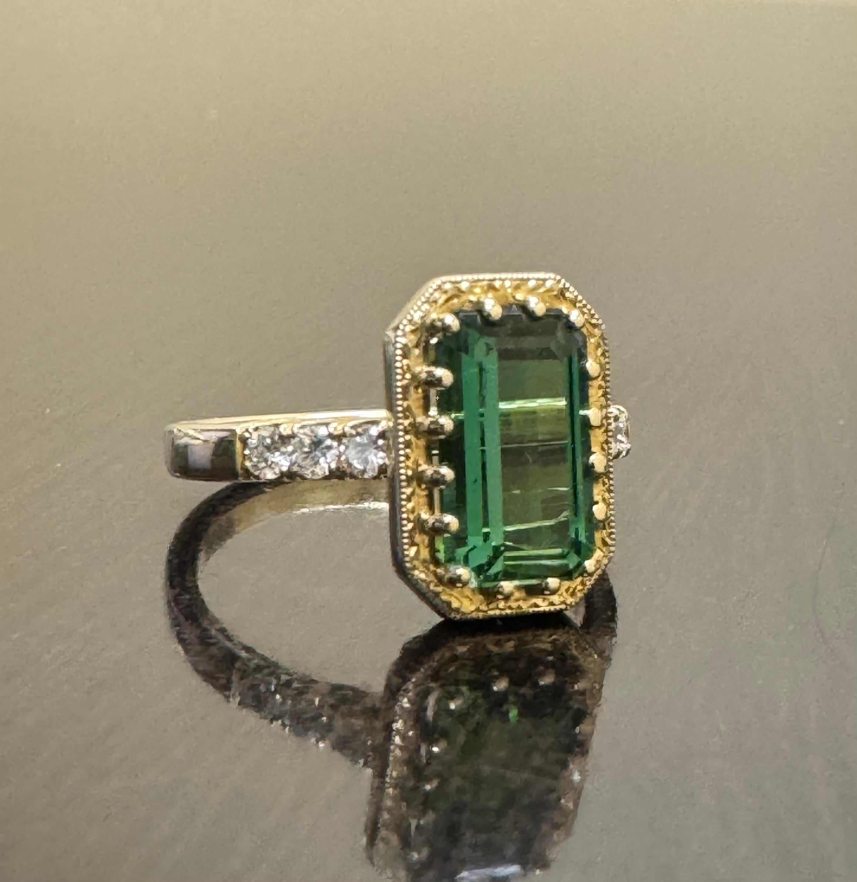 14K Yellow Gold Art Deco Engraved 2.44 Emerald Cut Blue Green Tourmaline Ring For Sale 3