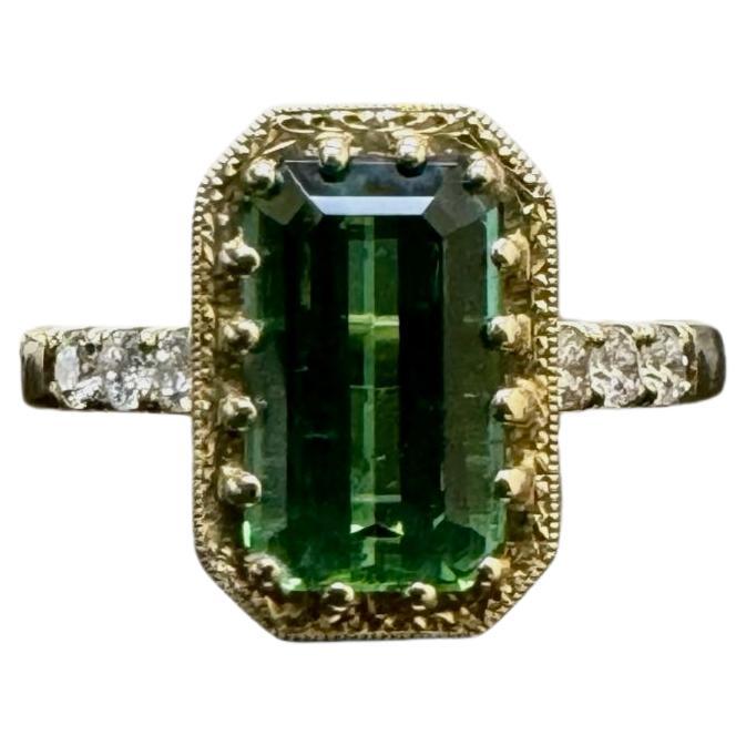 14K Yellow Gold Art Deco Engraved 2.44 Emerald Cut Blue Green Tourmaline Ring For Sale