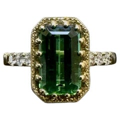 14K Yellow Gold Art Deco Engraved 2.44 Emerald Cut Blue Green Tourmaline Ring