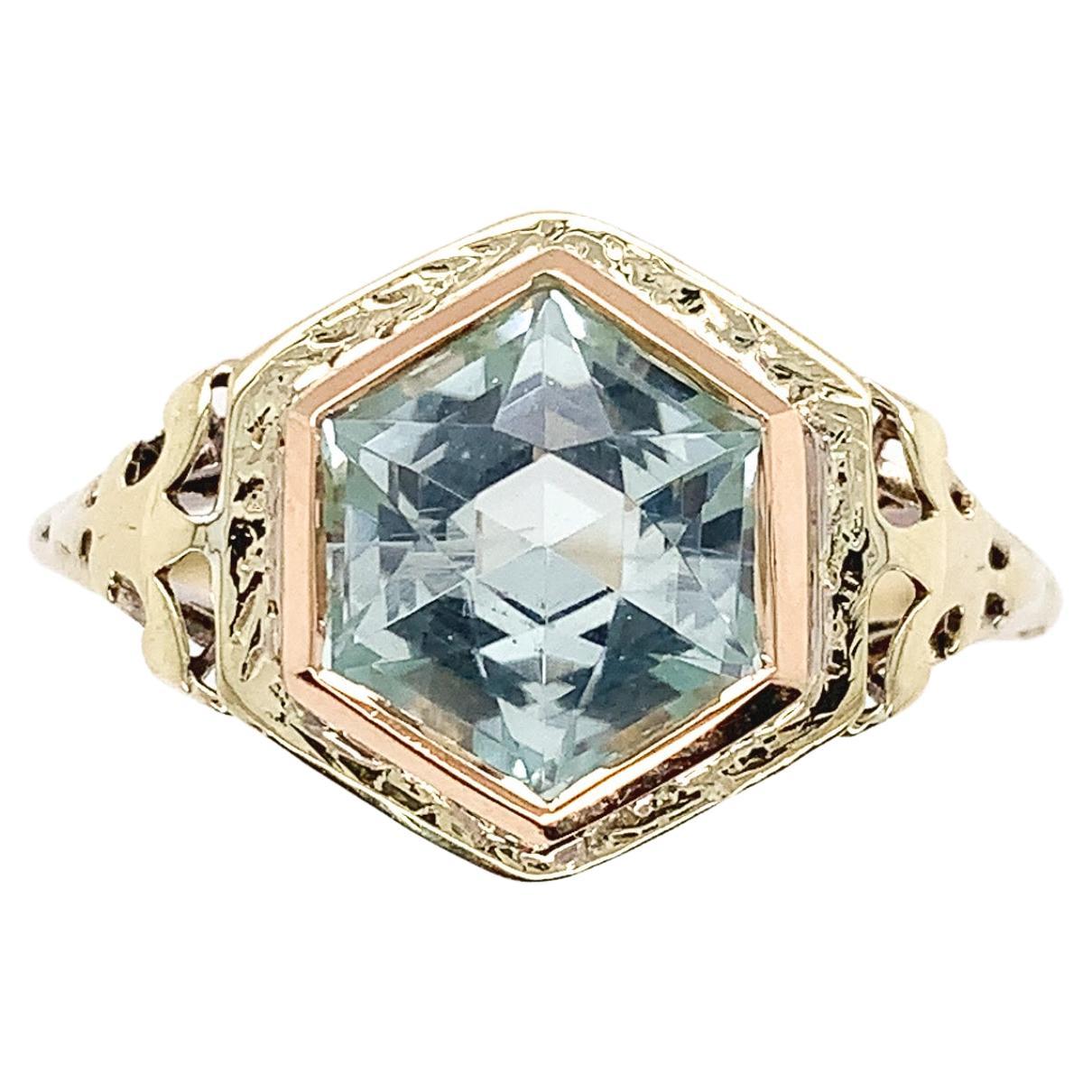 14K Yellow Gold Art Deco Filigree Ring with a Specialty Hexagon Cut Aquamarine