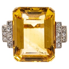14k Yellow Gold Art Deco Style Citrine 'App. 27.83 Cts' and Diamond Ring