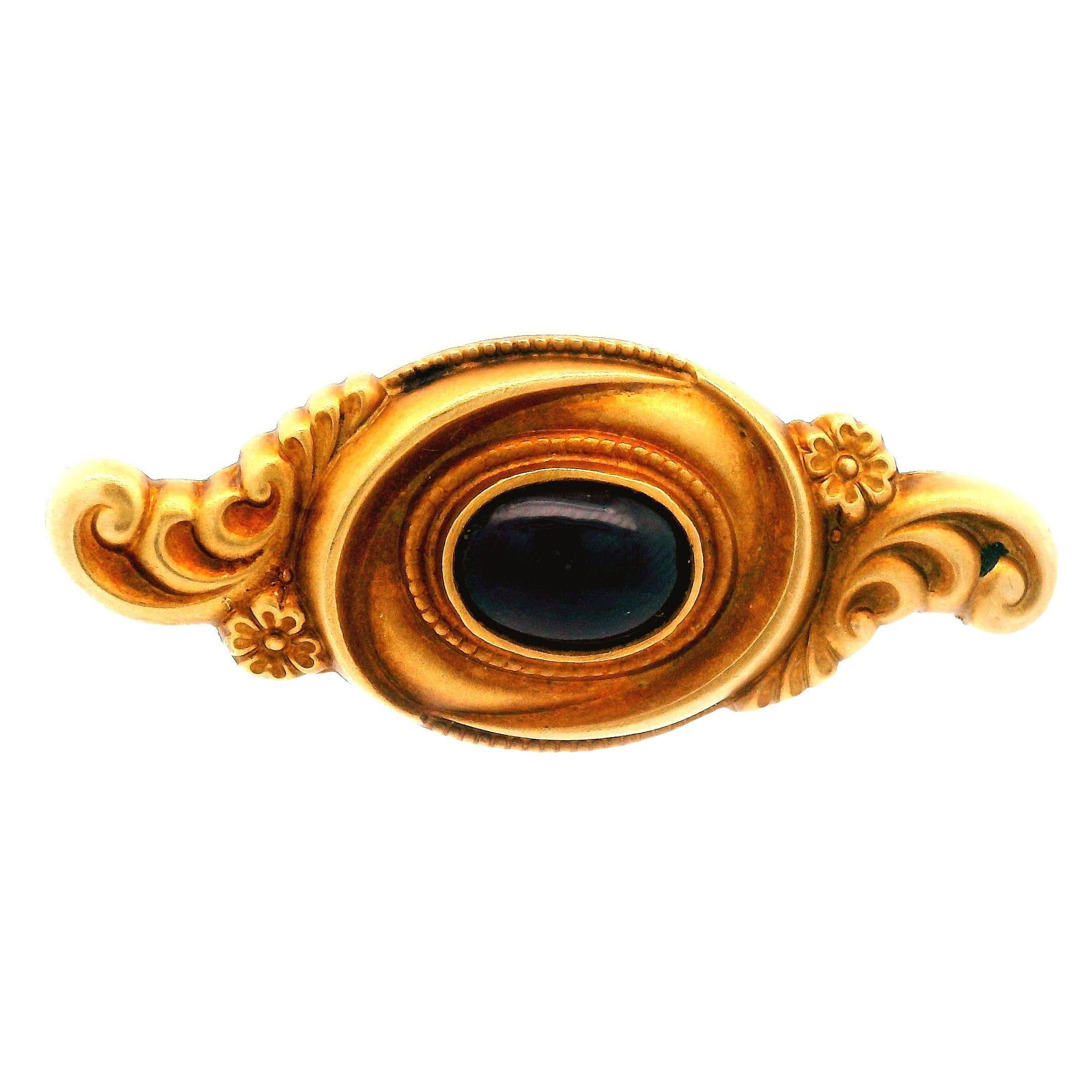 Contemporary 14K Yellow Gold Art Nouveau Cabochon Garnet Pin For Sale