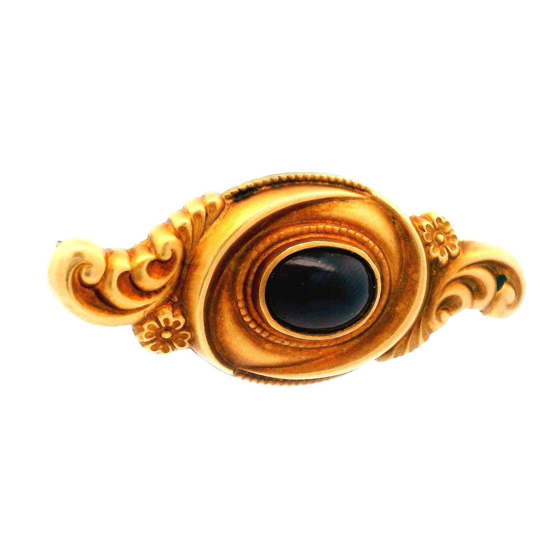 14K Yellow Gold Art Nouveau Cabochon Garnet Pin For Sale 2