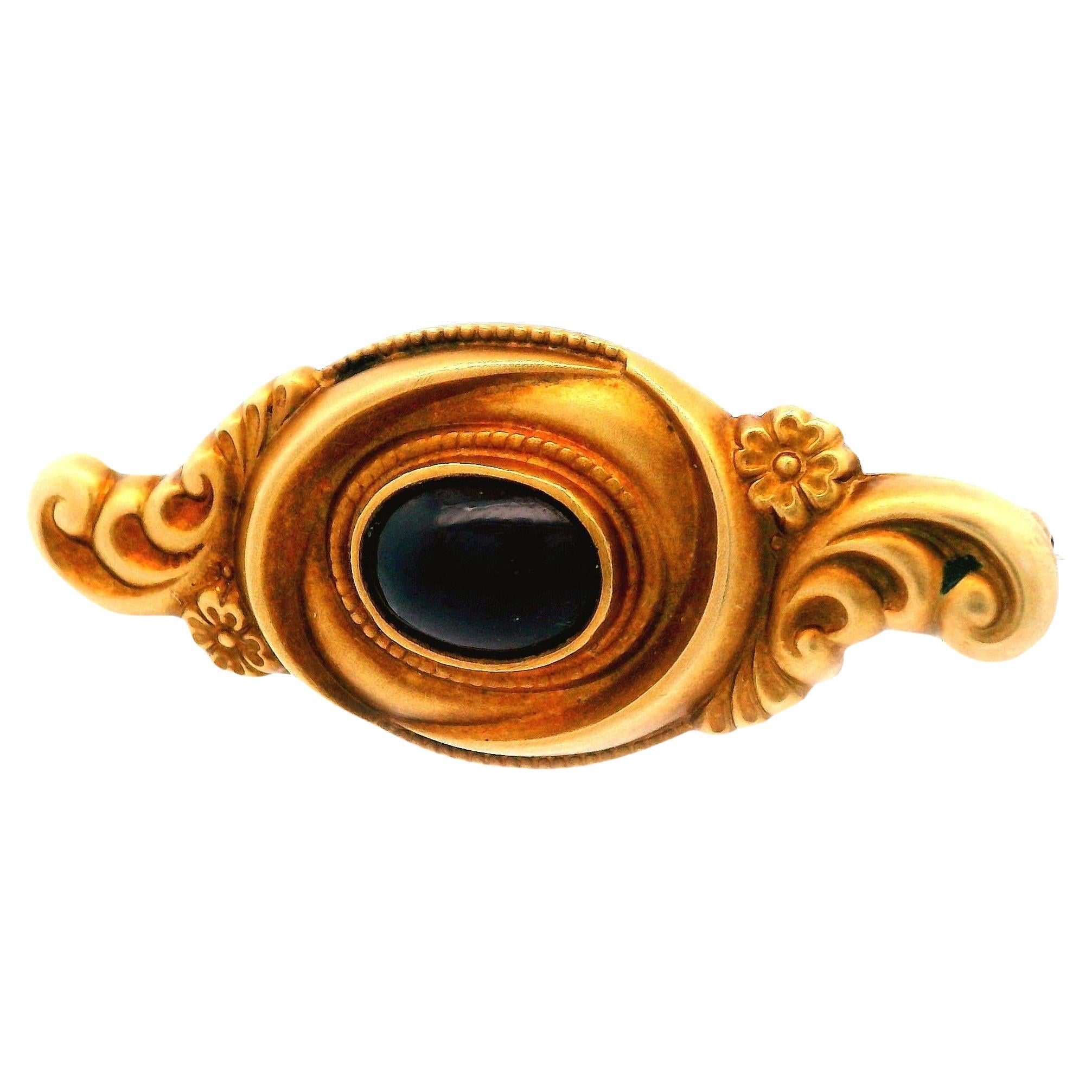 14K Yellow Gold Art Nouveau Cabochon Garnet Pin For Sale