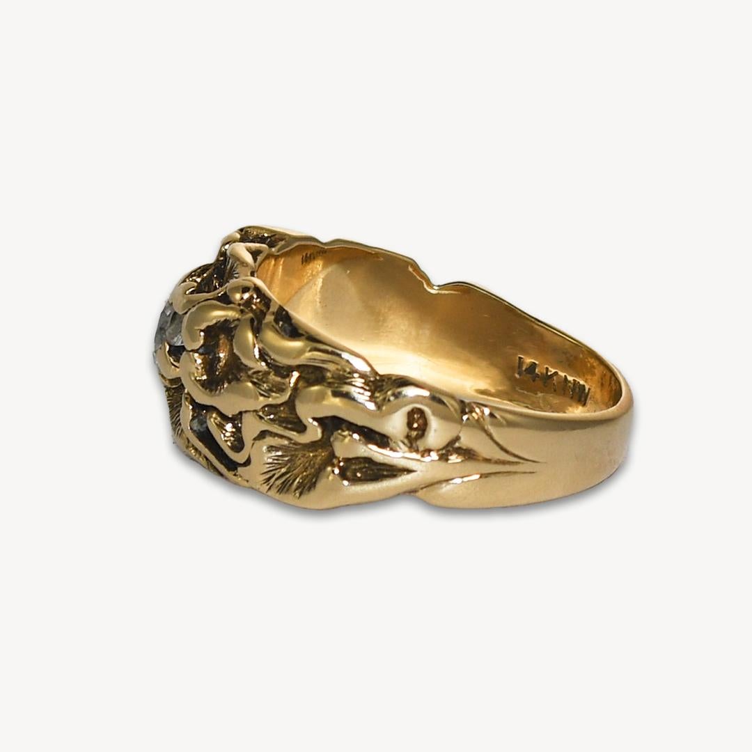 Women's or Men's 14K Yellow Gold Art Nouveau Style Diamond Ring 0.33ct For Sale