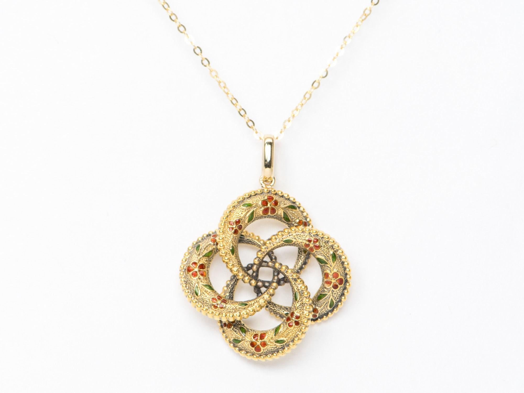 

♥ 14K Yellow Gold Art Nouveau Vintage Red Green Enamel Pin Converted to Pendant
♥ Solid 14k yellow gold pendant set with a beautiful -shaped
♥ Gorgeous color!
♥ The item measures 27.2 mm in length, 24.7 mm in width, and stands 5.3 mm thick

♥