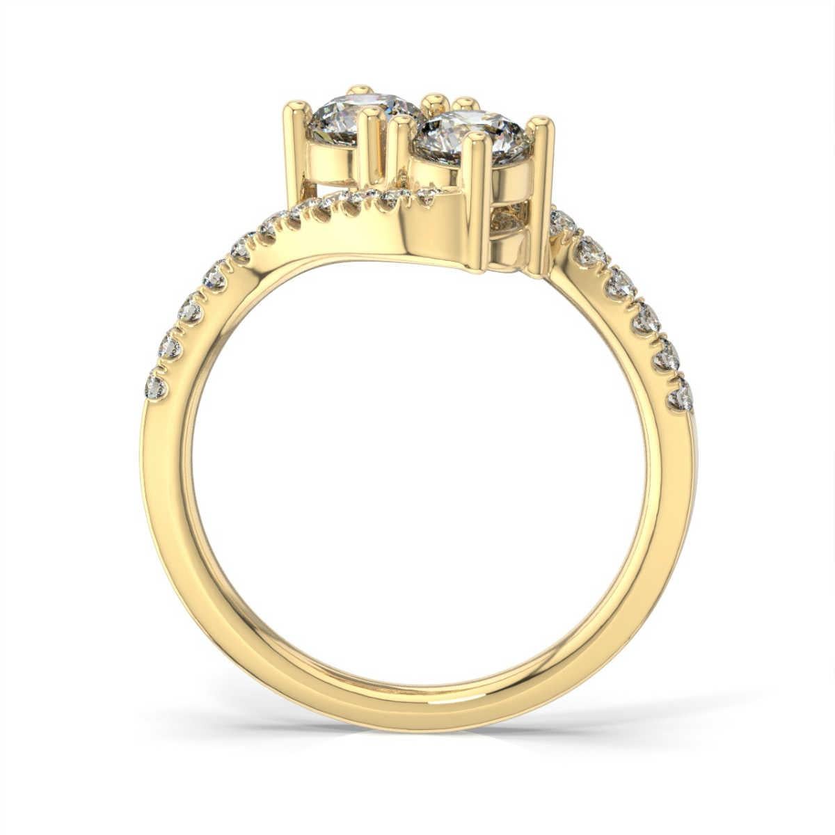 This ring features two perfectly matched 0.35 carat each ( 0.70 ct. tw) round diamonds that symbolize the deep connection between two soulmates. Two rows of 0.25 carat total weight Micro Prong set round brilliant diamonds are hugging the two center
