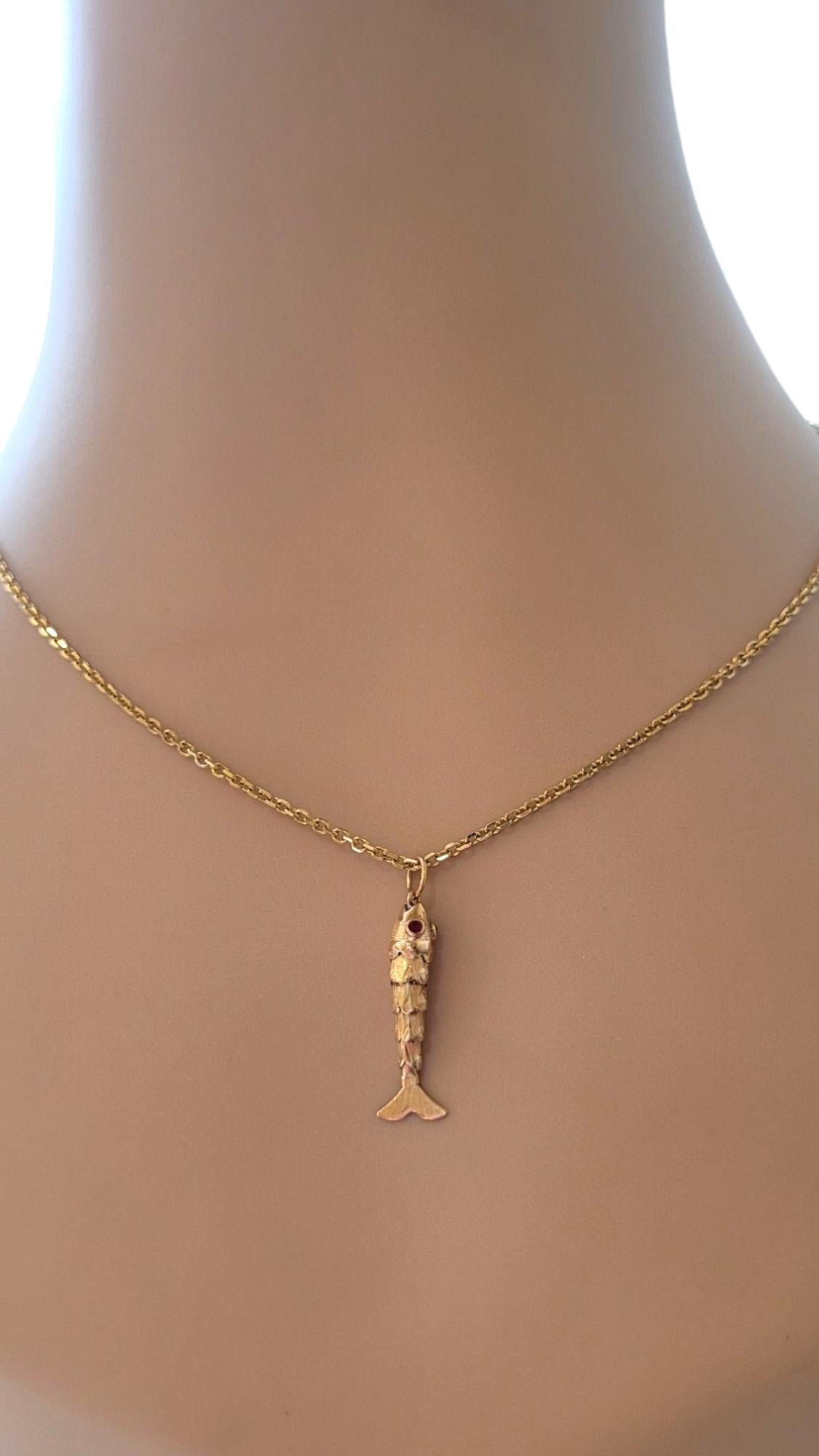 14K Yellow Gold Articulated Fish Charm Red Eyes #18336 2