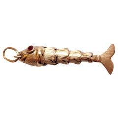 14K Yellow Gold Articulated Fish Charm Red Eyes #18336