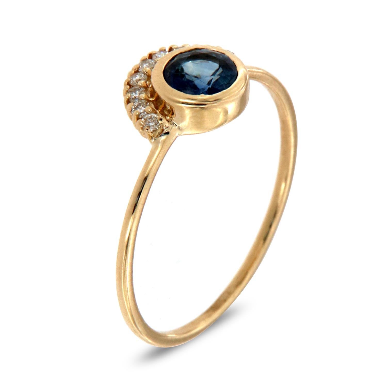 This petite fashion ring is impressive in its vintage appeal, featuring a bezeled natural blue round brilliant sapphire, accented with round brilliant diamonds. Experience the difference in person!

Product details: 

Center Gemstone Type: