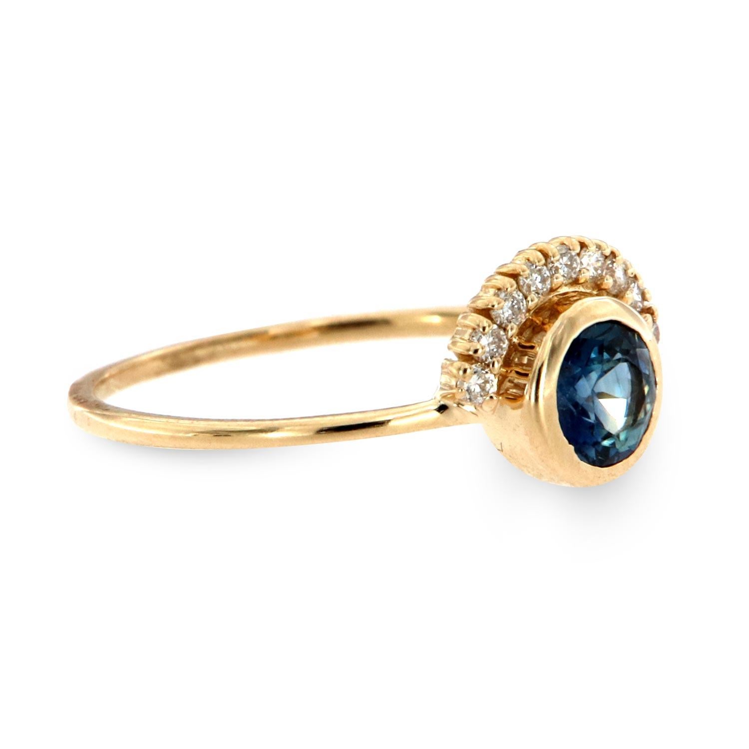 Round Cut 14 Karat Yellow Gold Asiph Blue Sapphire and Diamond Ring Center, 2/5 Carat For Sale