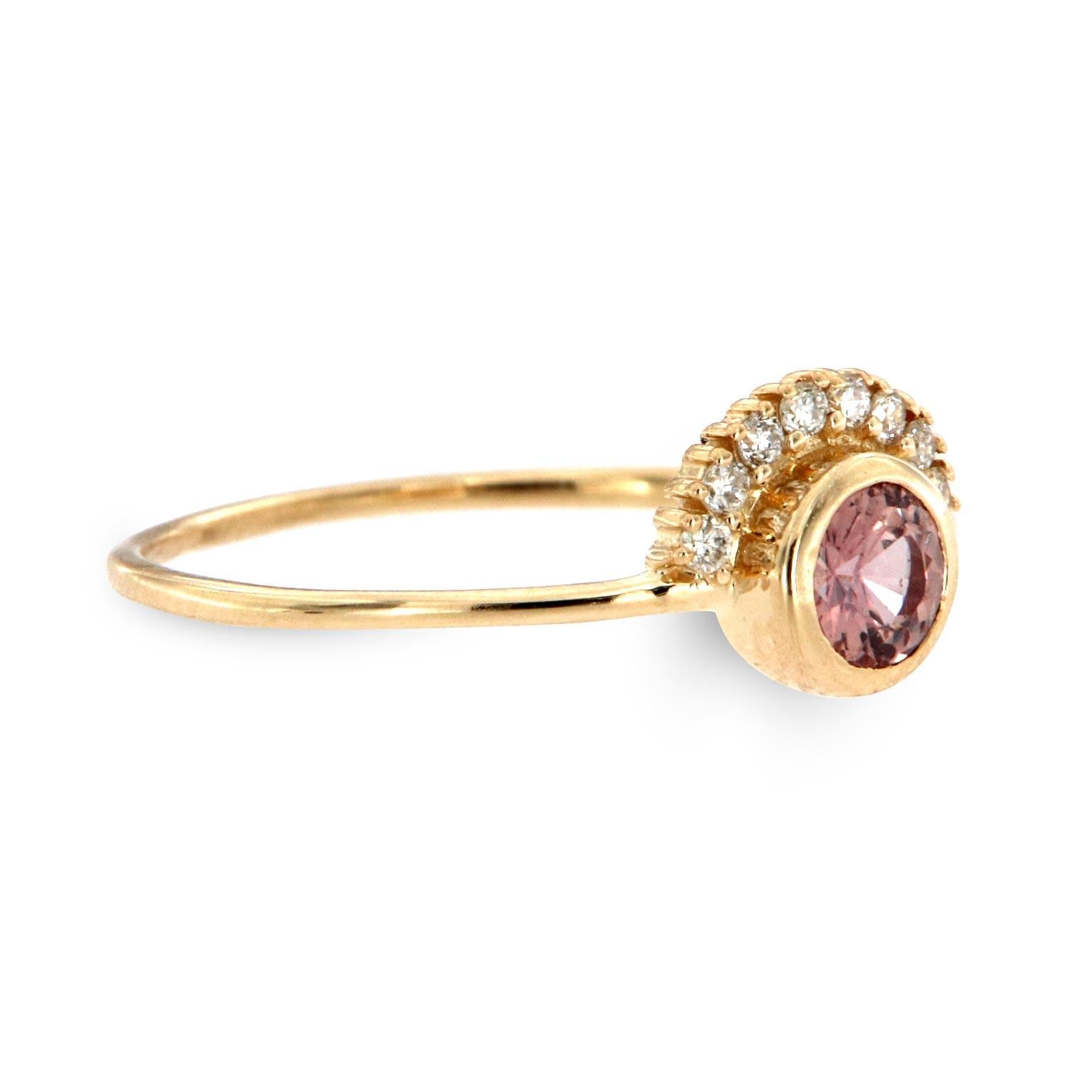 Round Cut 14 Karat Gold Asiph Pink Sapphire and Diamond Vintage Ring Center, 1/3 Carat For Sale