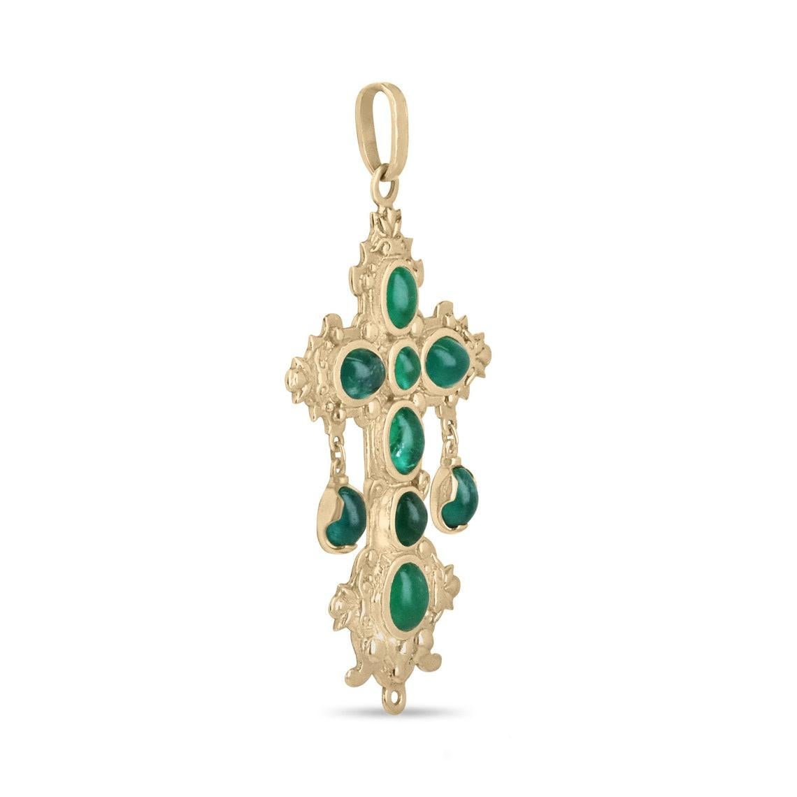 The Nuestra Señora de Atocha, also known as Our Lady of Atocha, replica cross pendant is an exquisite piece adorned with over 22 carats of natural cabochon cut emeralds. Within the cross, nearly 18 carats of these lush green gemstones are