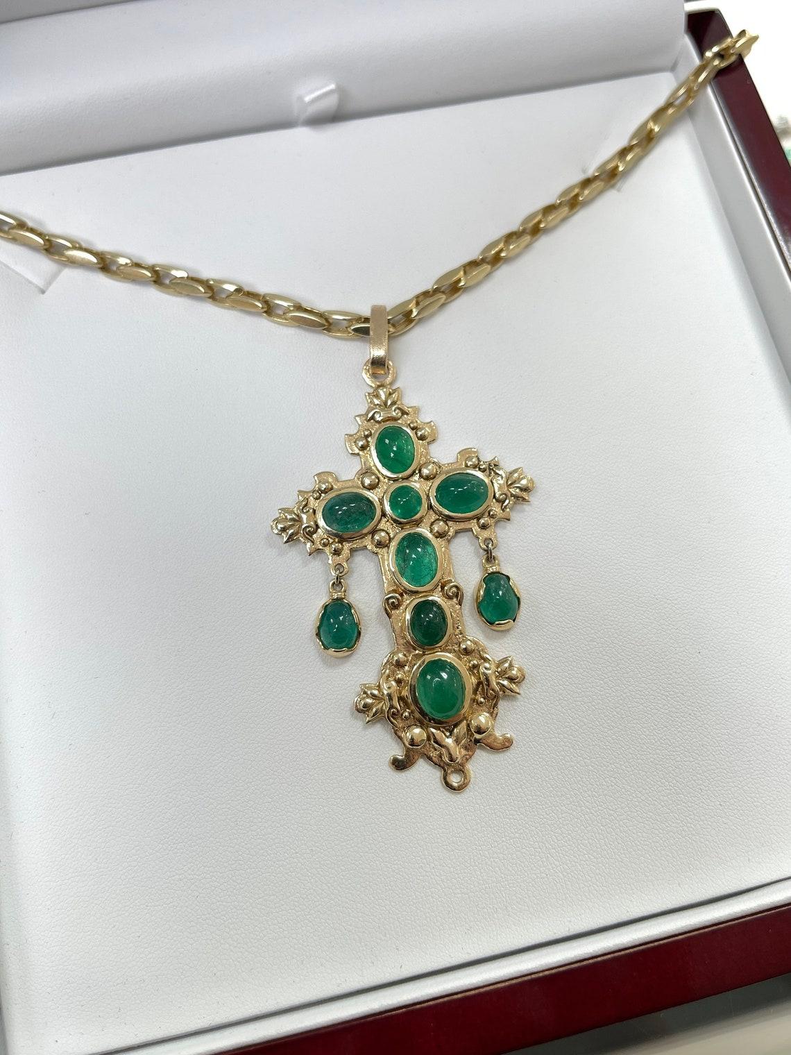 Modern 14K Yellow Gold Atocha Replica Natural Emerald Cross Pendant Nuestra Señora For Sale