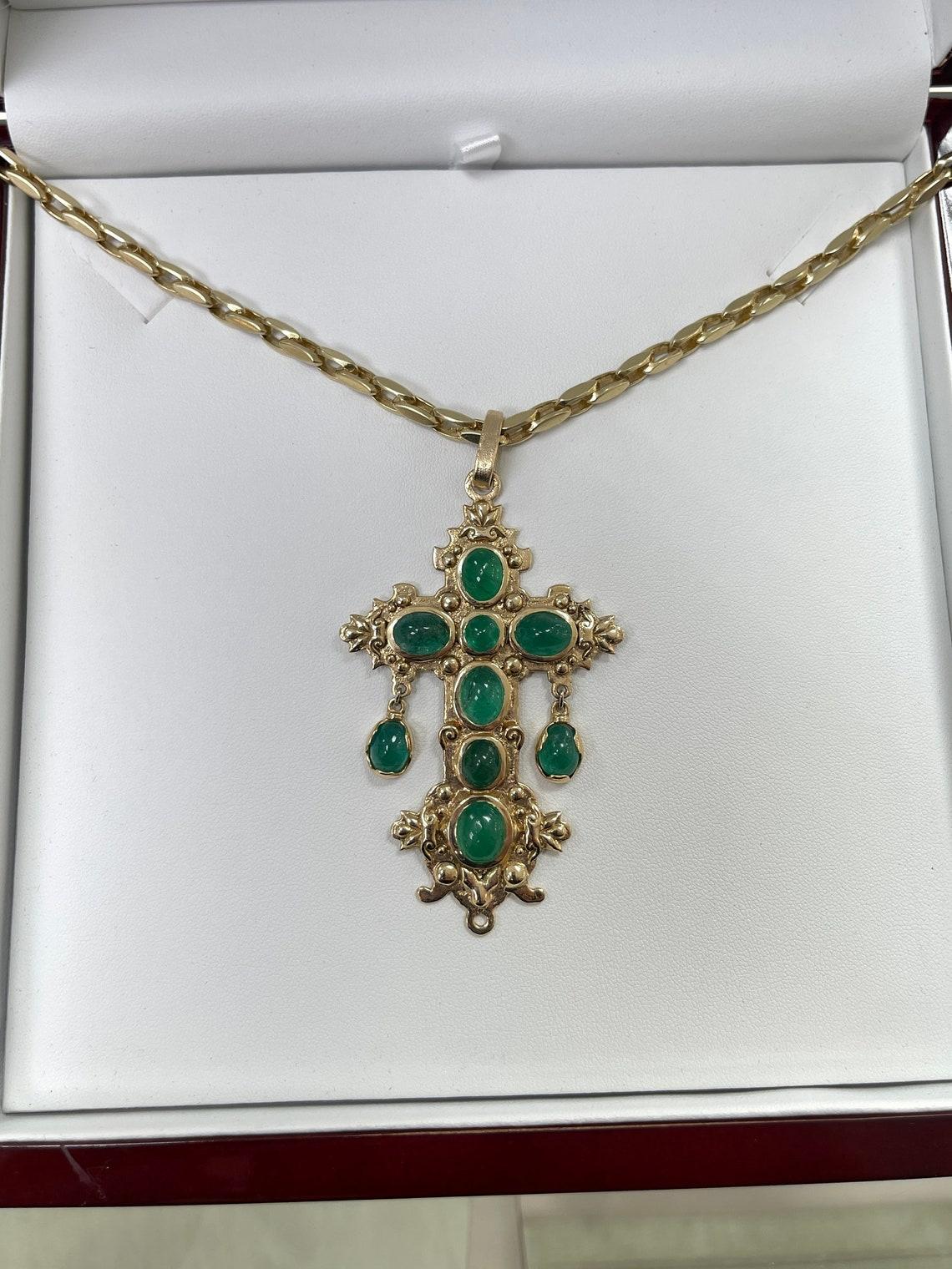 Cabochon 14K Yellow Gold Atocha Replica Natural Emerald Cross Pendant Nuestra Señora For Sale