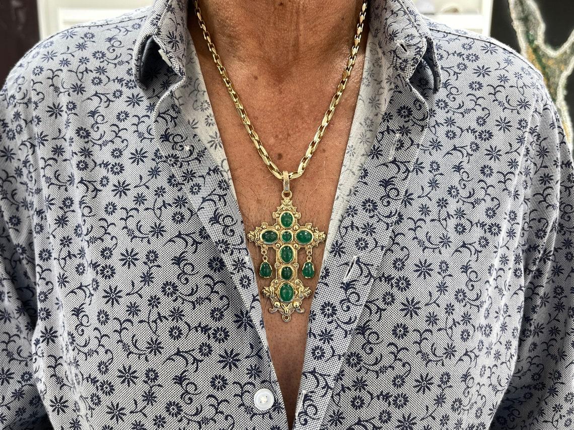 Women's 14K Yellow Gold Atocha Replica Natural Emerald Cross Pendant Nuestra Señora For Sale