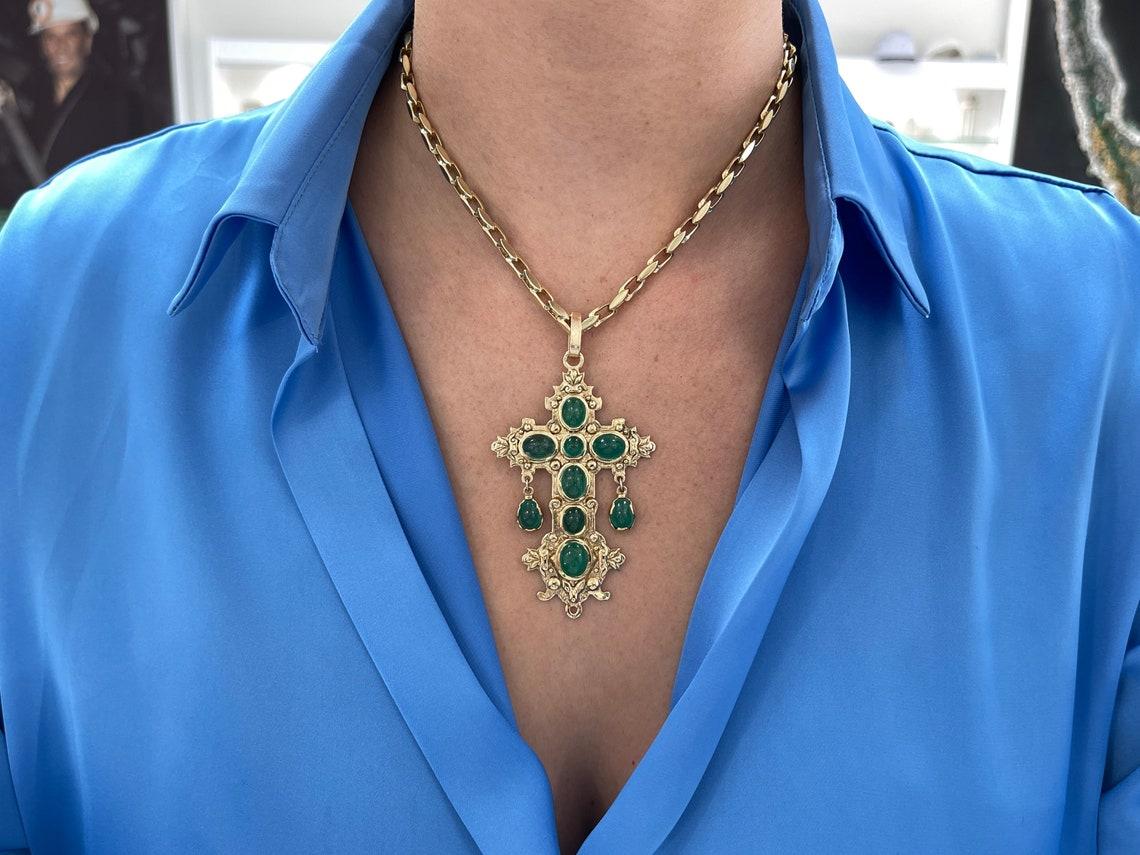 14K Yellow Gold Atocha Replica Natural Emerald Cross Pendant Nuestra Señora For Sale 1