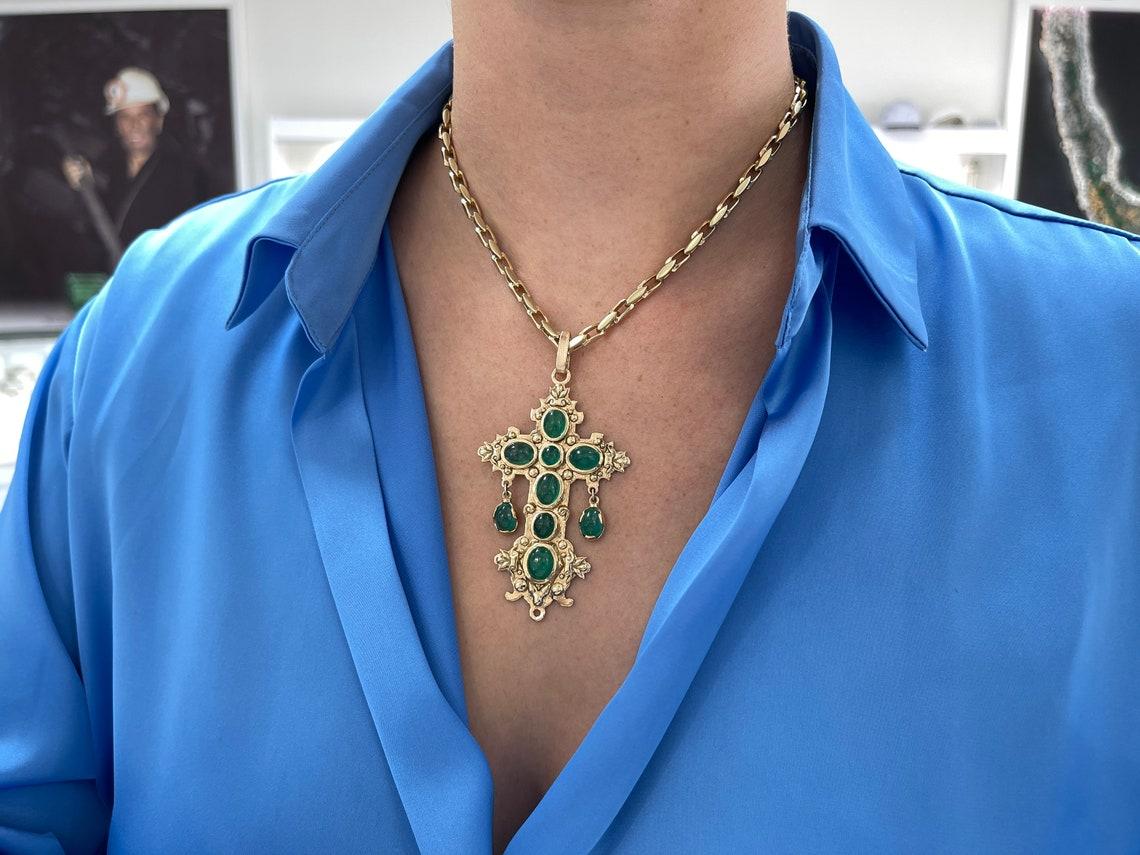 14K Yellow Gold Atocha Replica Natural Emerald Cross Pendant Nuestra Señora For Sale 2