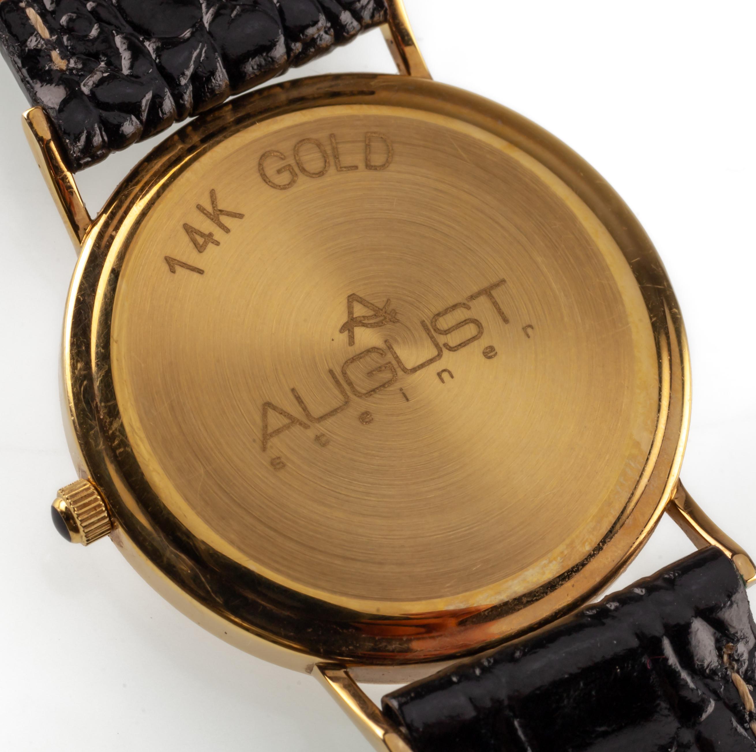 14k Yellow Gold August Steiner Men's Quartz Watch w/ Leather Band Box + Papers In Good Condition In Sherman Oaks, CA
