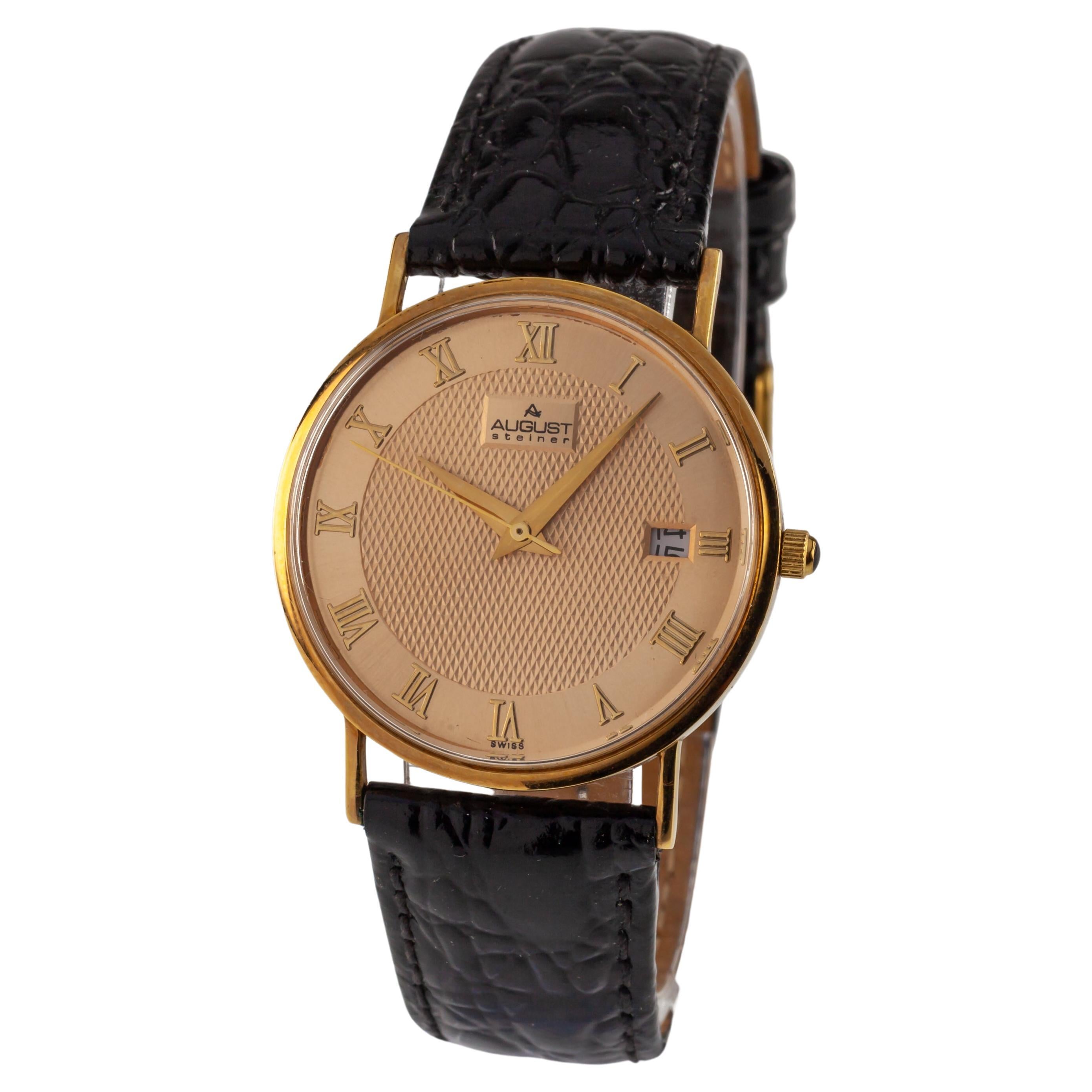 Montre à quartz pour hommes en or jaune 14k August Steiner avec bracelet en cuir Boîte + papiers