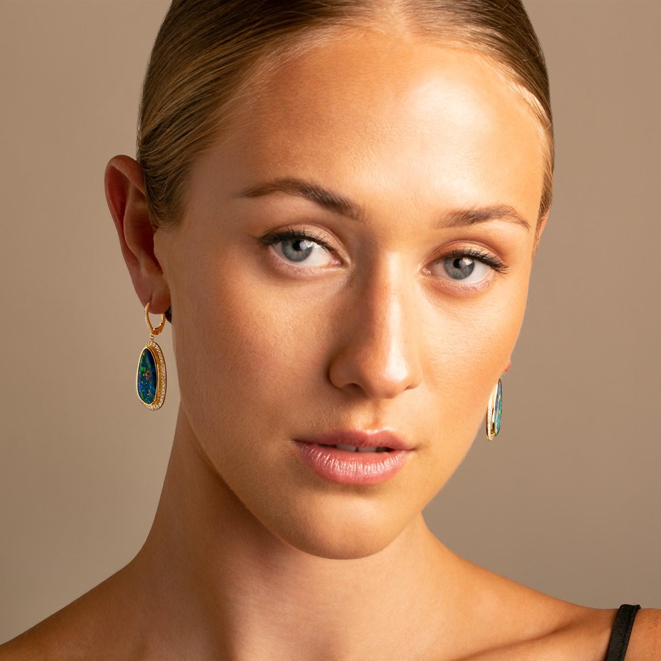 Contemporary 14K Yellow Gold Australian Boulder Opal Diamond Earrings For Sale