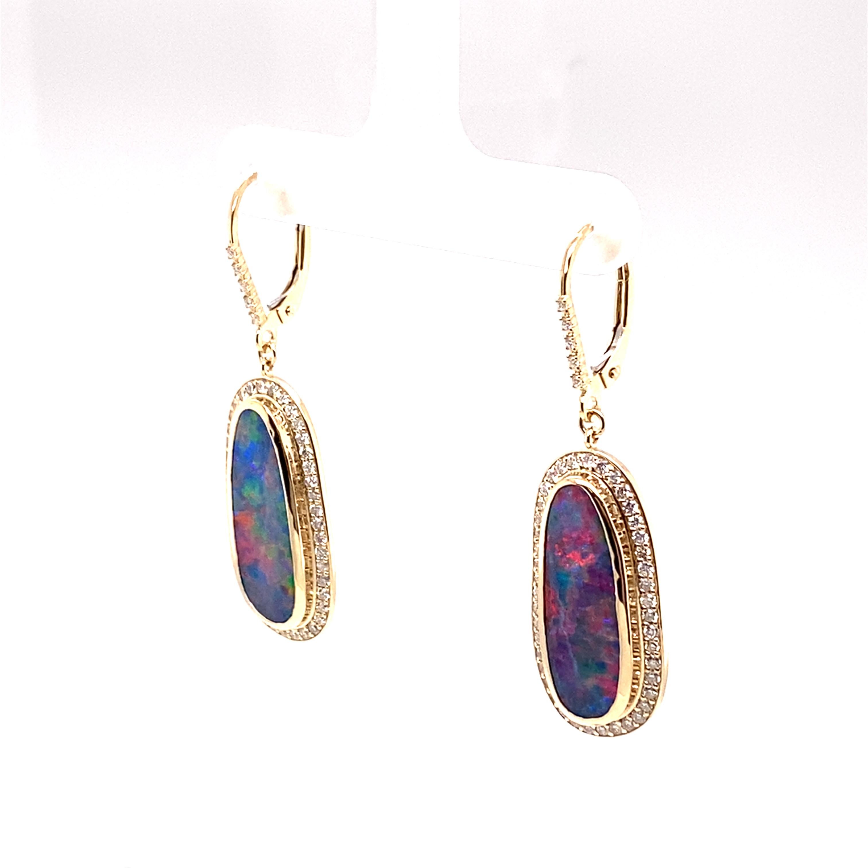 Oval Cut 14K Yellow Gold Australian Boulder Opal Diamond Earrings For Sale