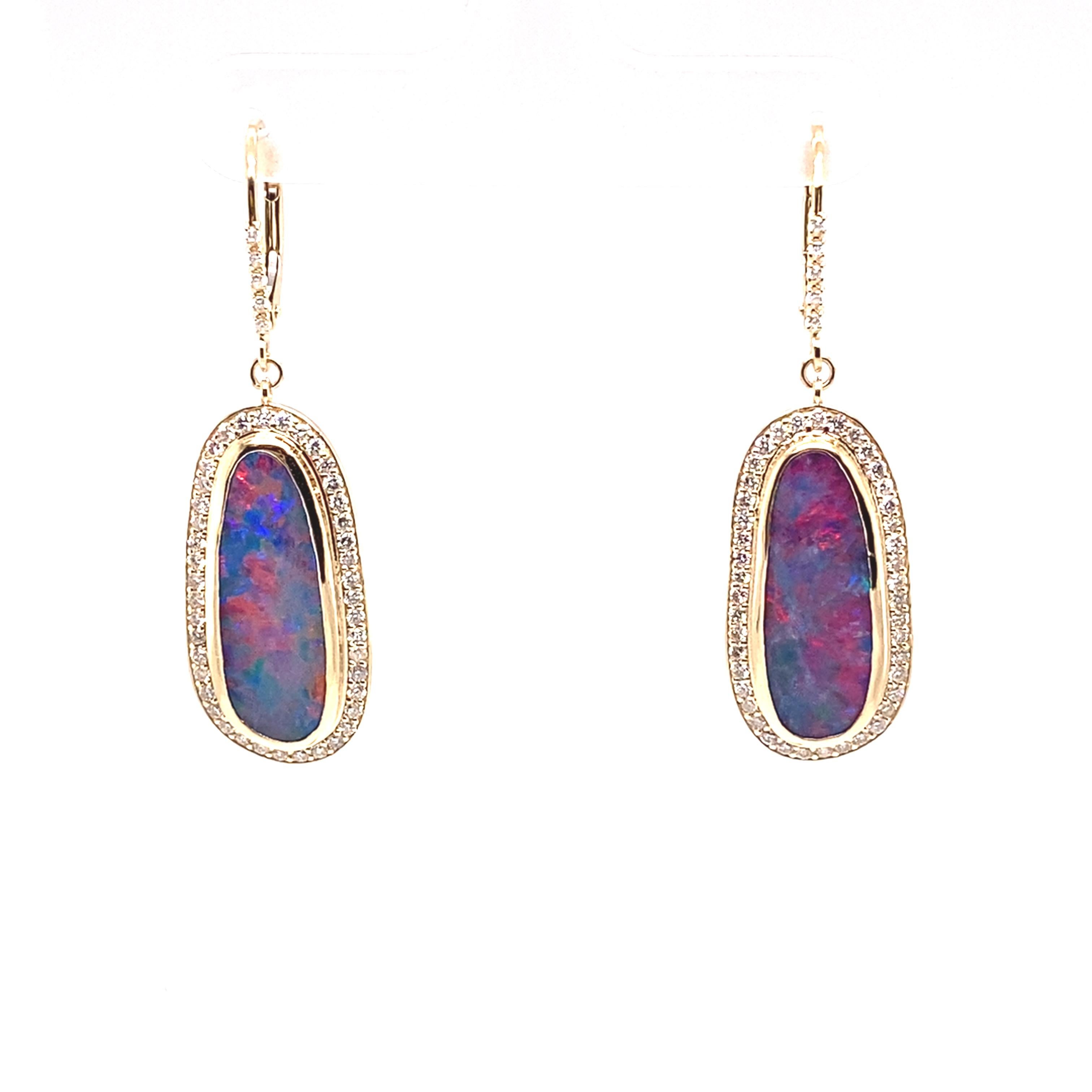 14K Yellow Gold Australian Boulder Opal Diamond Earrings In New Condition For Sale In New York City, NY