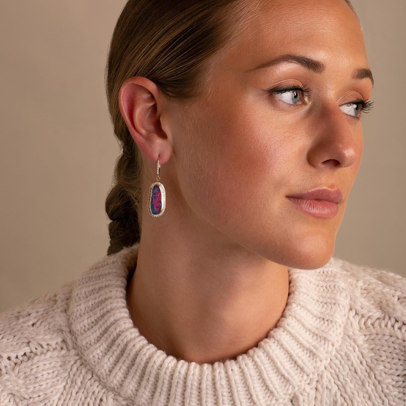 australian boulder opal drop earrings set in gold