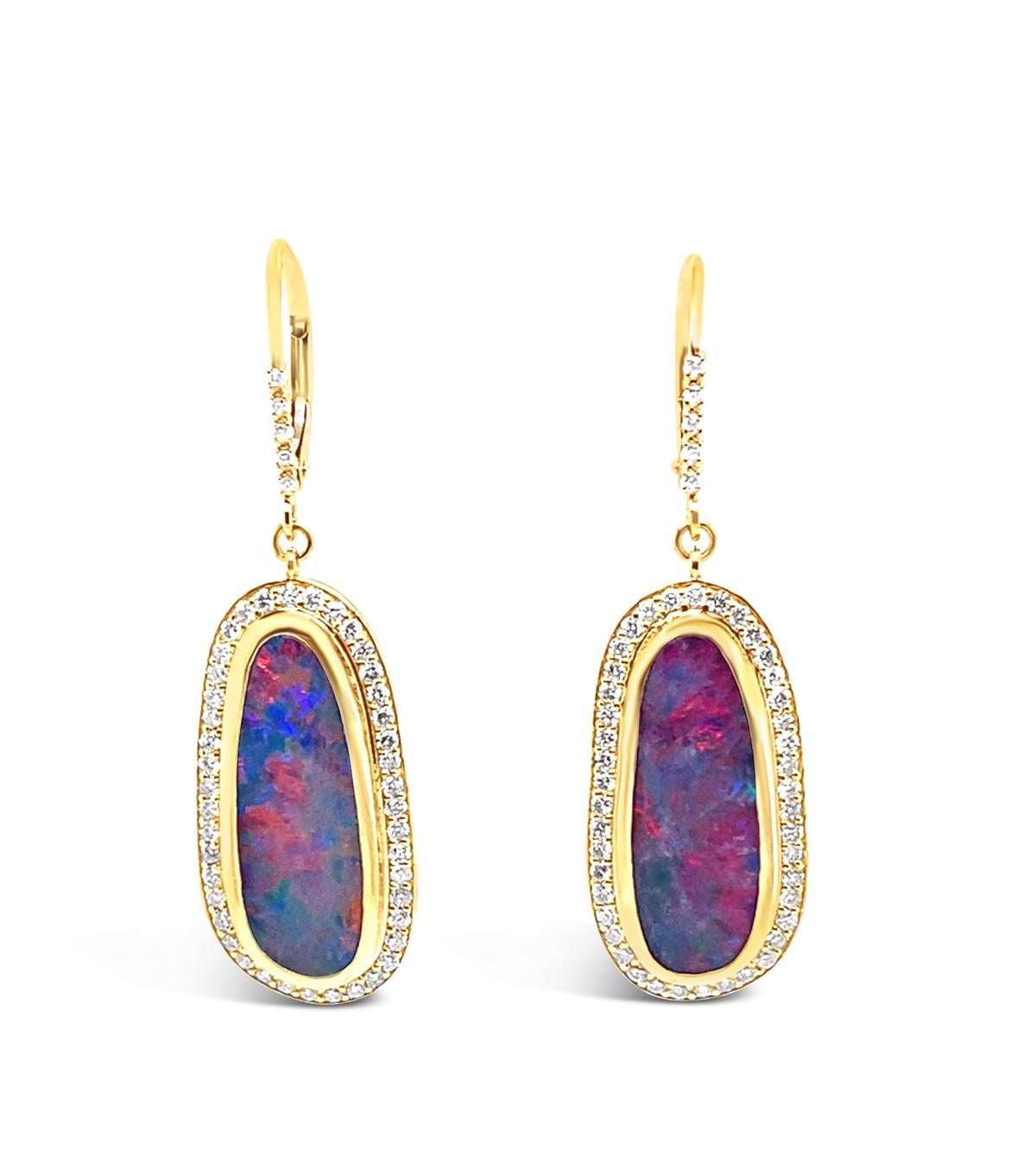 Contemporary 14K Yellow Gold Australian Boulder Opal Diamond Earrings For Sale