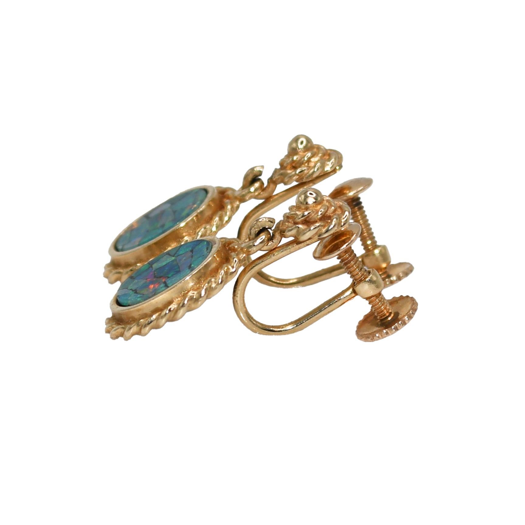 14K Yellow Gold Australian Opal Necklace & Earrings Set For Sale 1