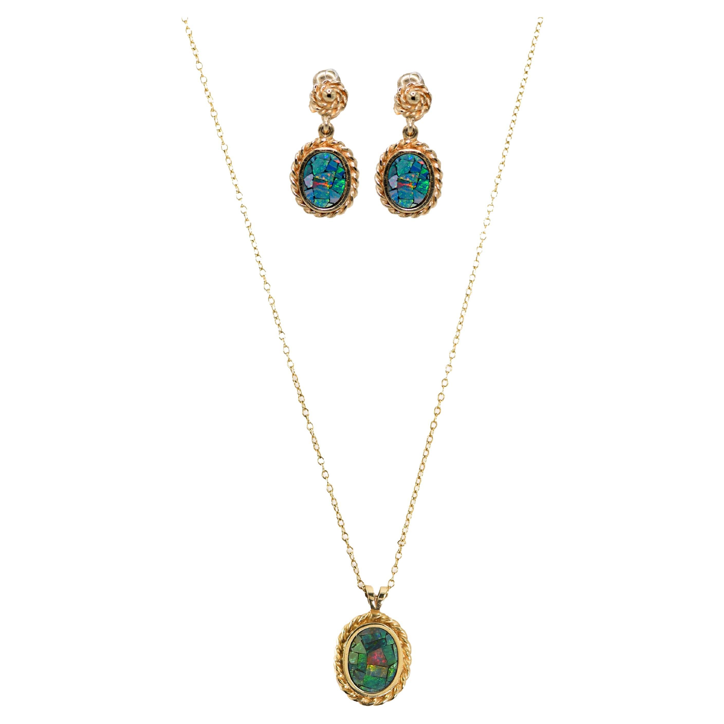 14K Yellow Gold Australian Opal Necklace & Earrings Set For Sale