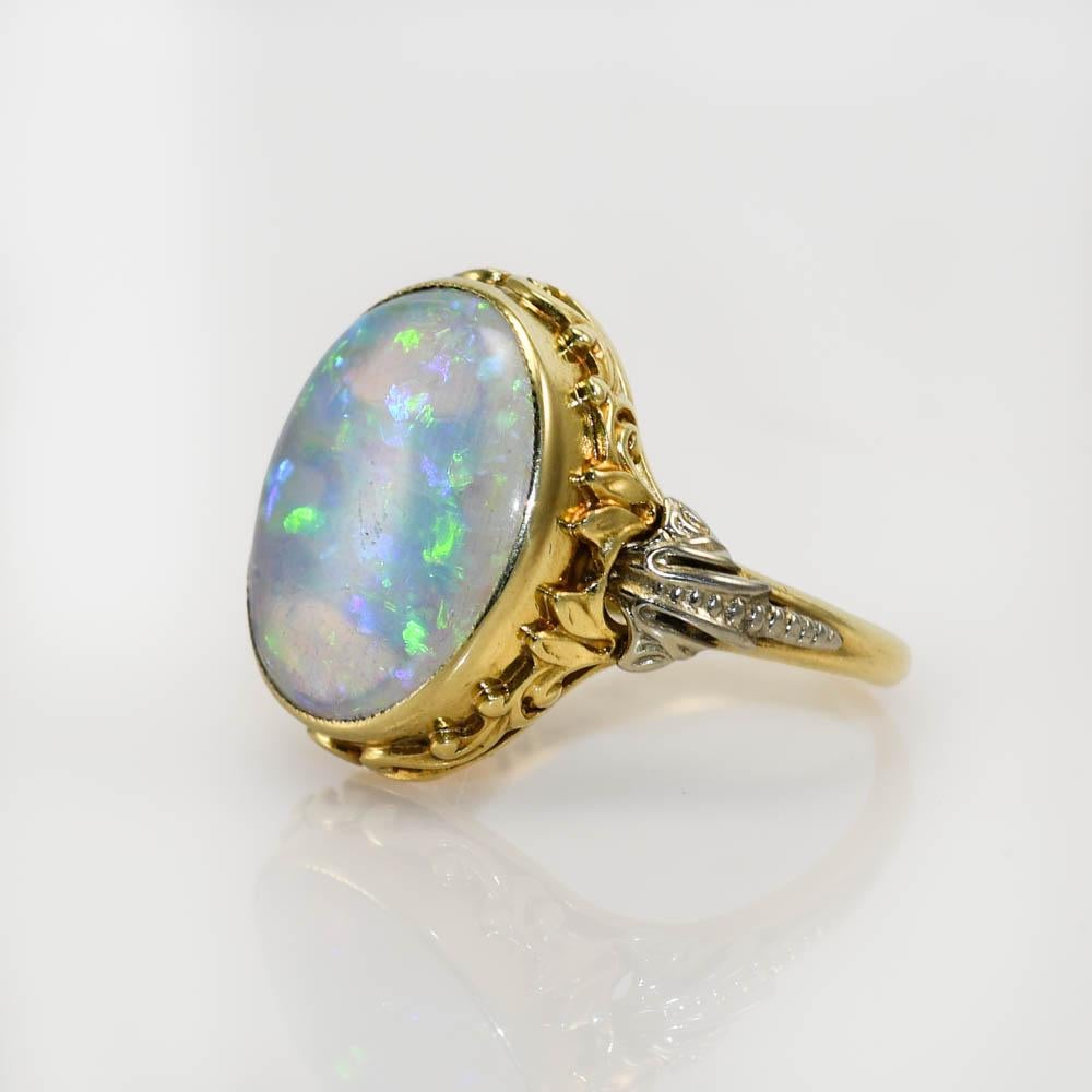Oval Cut 14K Yellow Gold Australian Opal Ring, 2.80ct, 4g For Sale