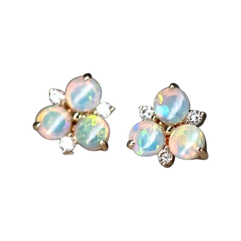 14K Yellow Gold Australian Solid Opal Diamond Trio Stud Earrings