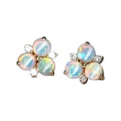 14K Yellow Gold Australian Solid Opal Diamond Trio Stud Earrings