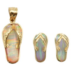 14k Yellow Gold Australian Striated Opal Flip Flop Pendant & Earring Set