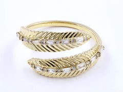 14K Yellow Gold Baguette and Round Cut Diamond Feather Bypass Ring